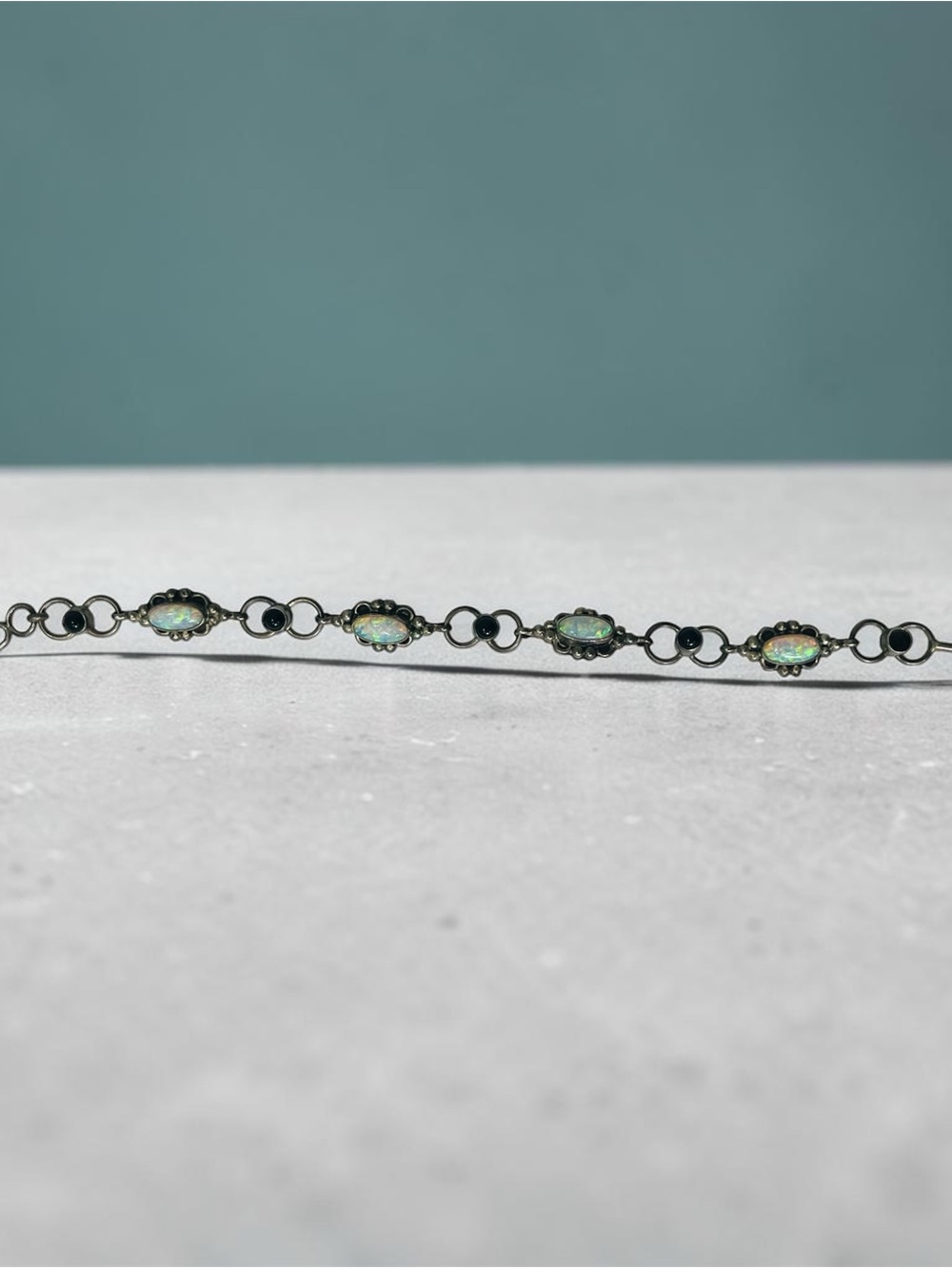 Sterling Opal and Black Onyx Link Bracelet - Iridescent White Opal